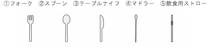 1フォーク、2スプーン、3テーブルナイフ、4マドラー、5飲食用ストロー