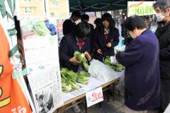 三河島菜を販売する高校生