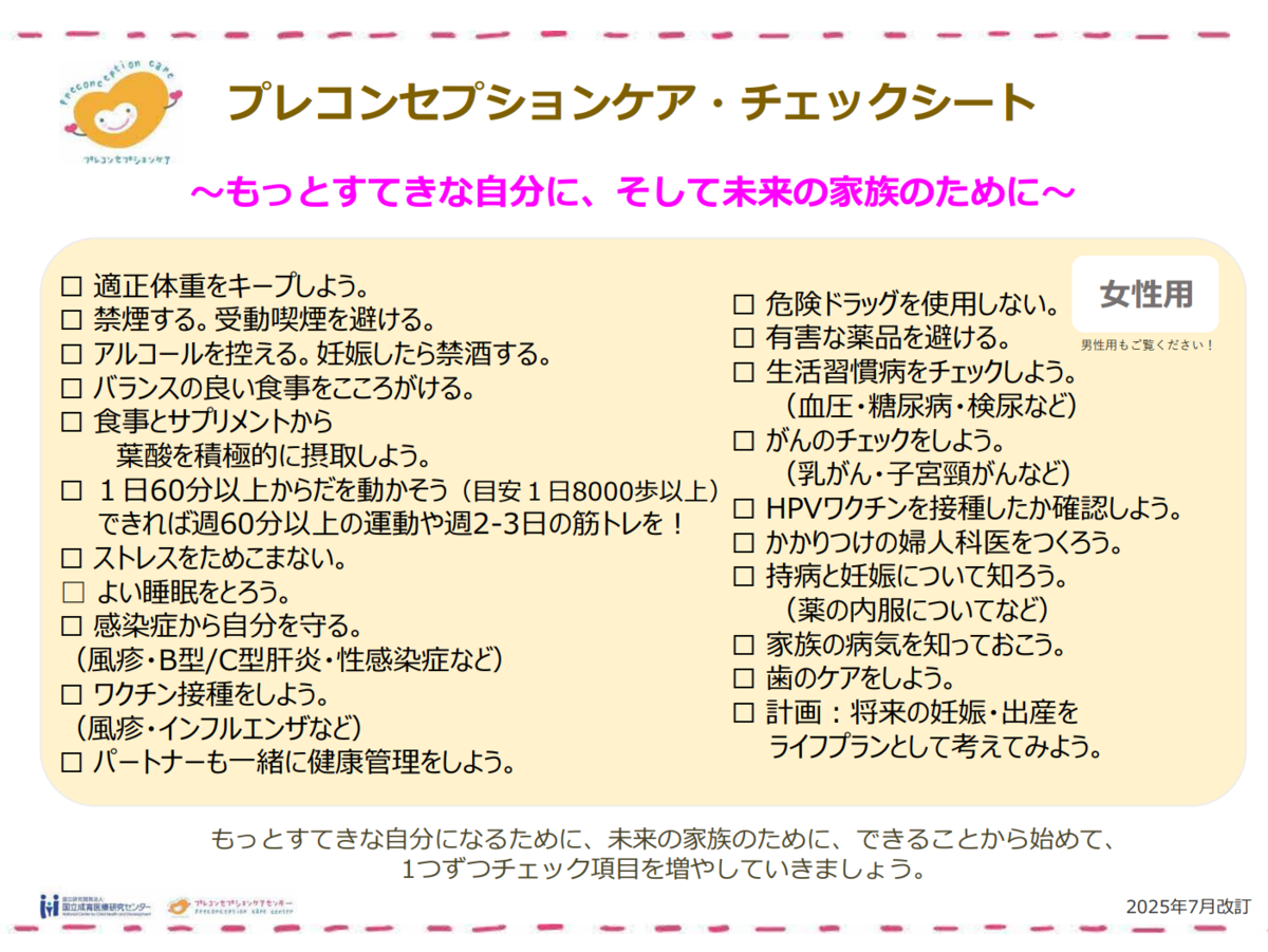 プレコンセプションケア・チェックシート女性用