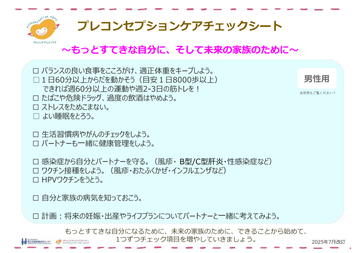 プレコンセプションケア・チェックシート男性用