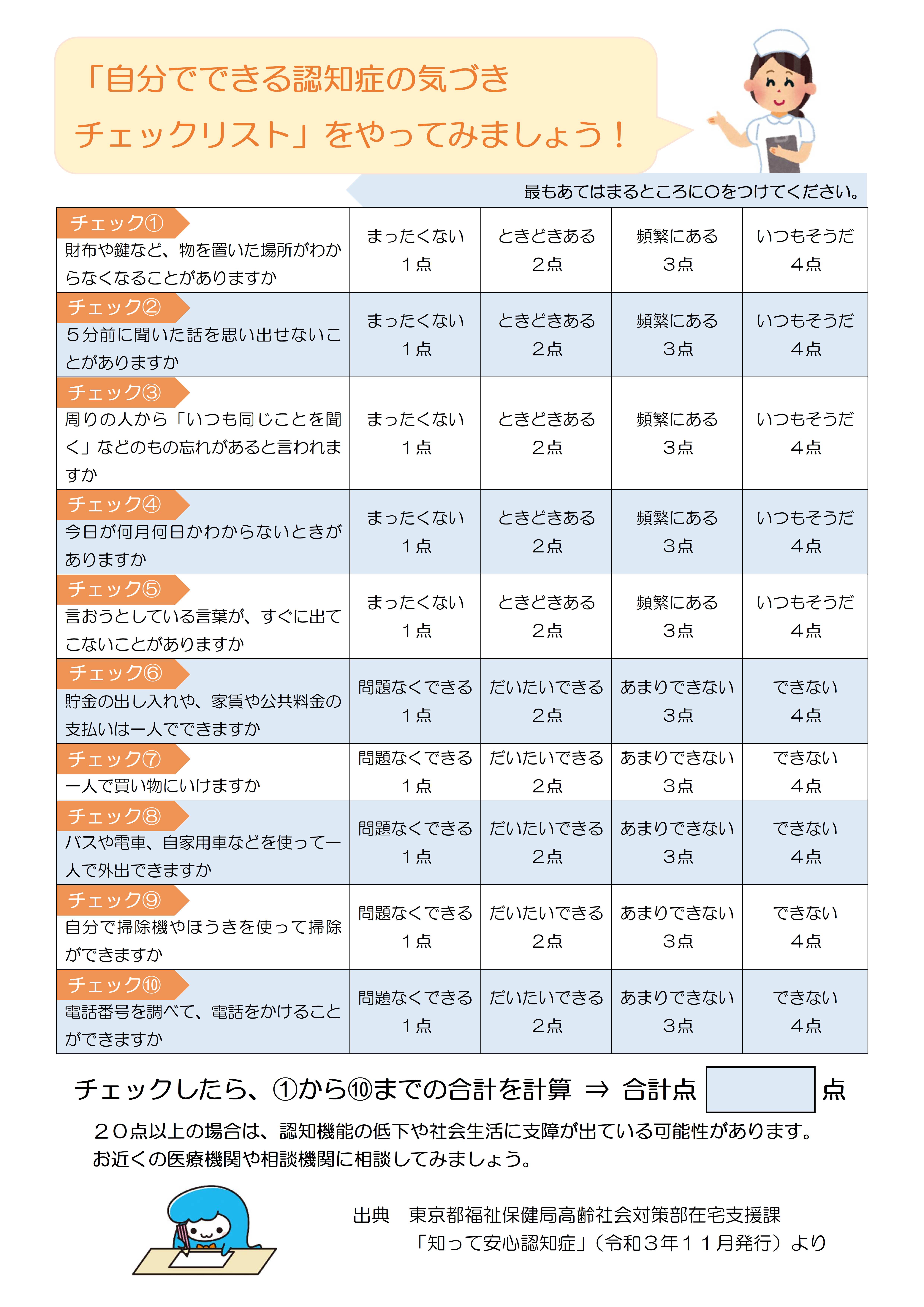 自分でできる認知症の気づきチェックリスト